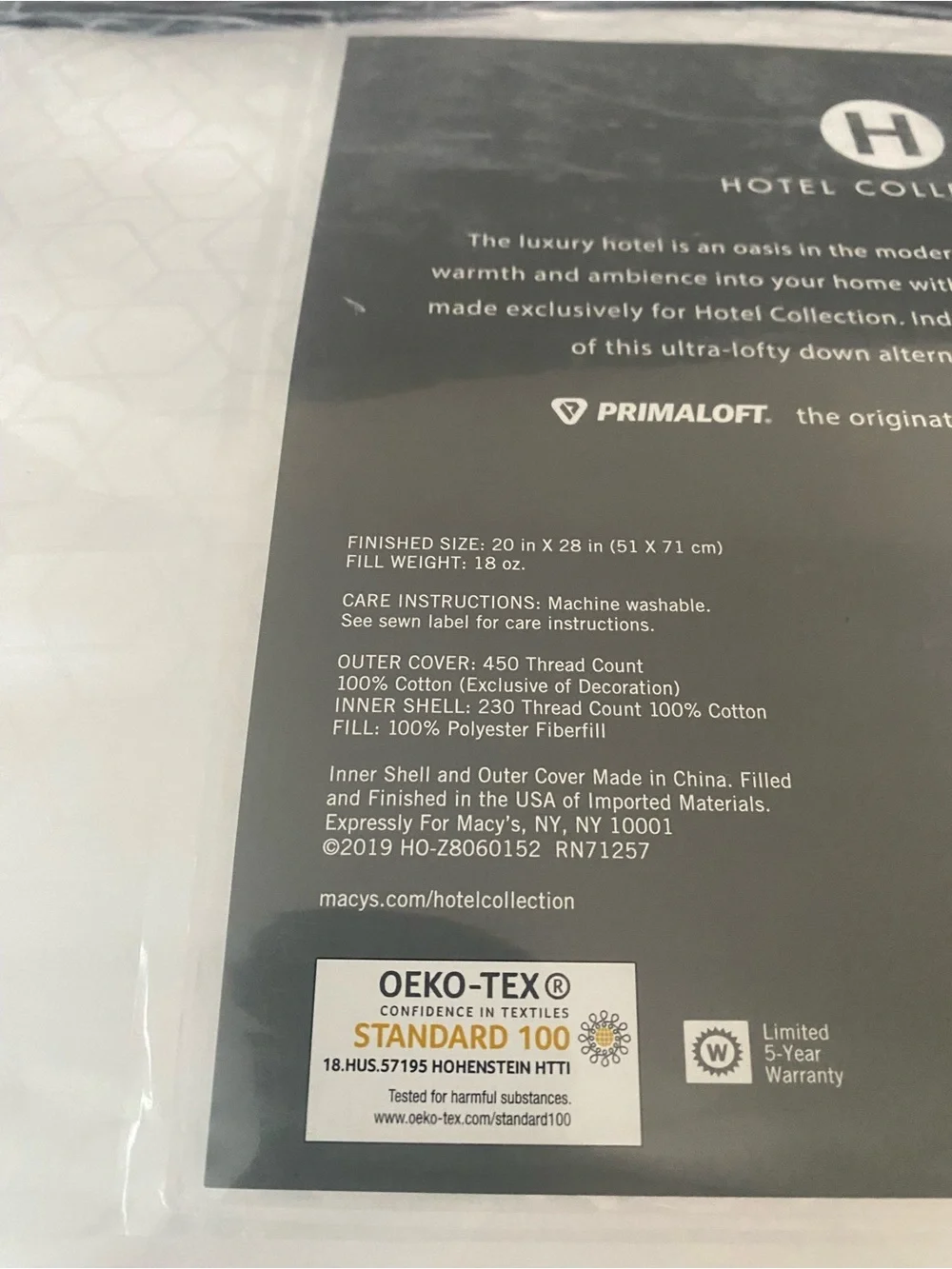 Hotel Collection Primaloft Luxury down alternative Soft support Standard